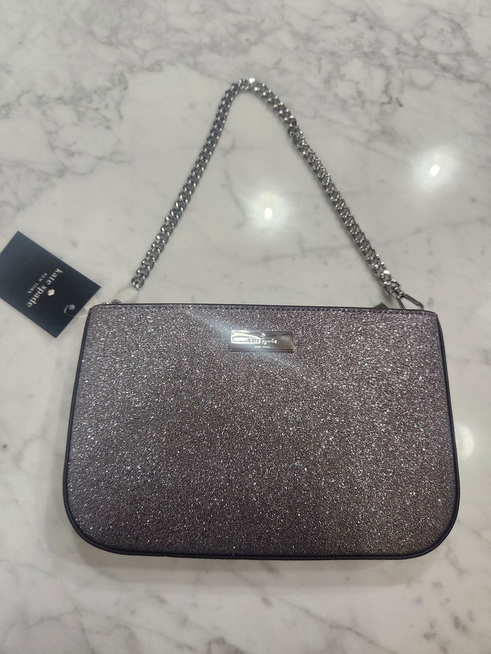 Kate Spade Grey Glitter Mix, Silver Chain, Shoulder Bag, NEW.